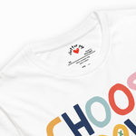 White t-shirt with colorful text and 'Chatter Pop' branding on a white background