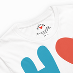 White t-shirt with blue and red heart designs and 'chatter pop' branding.