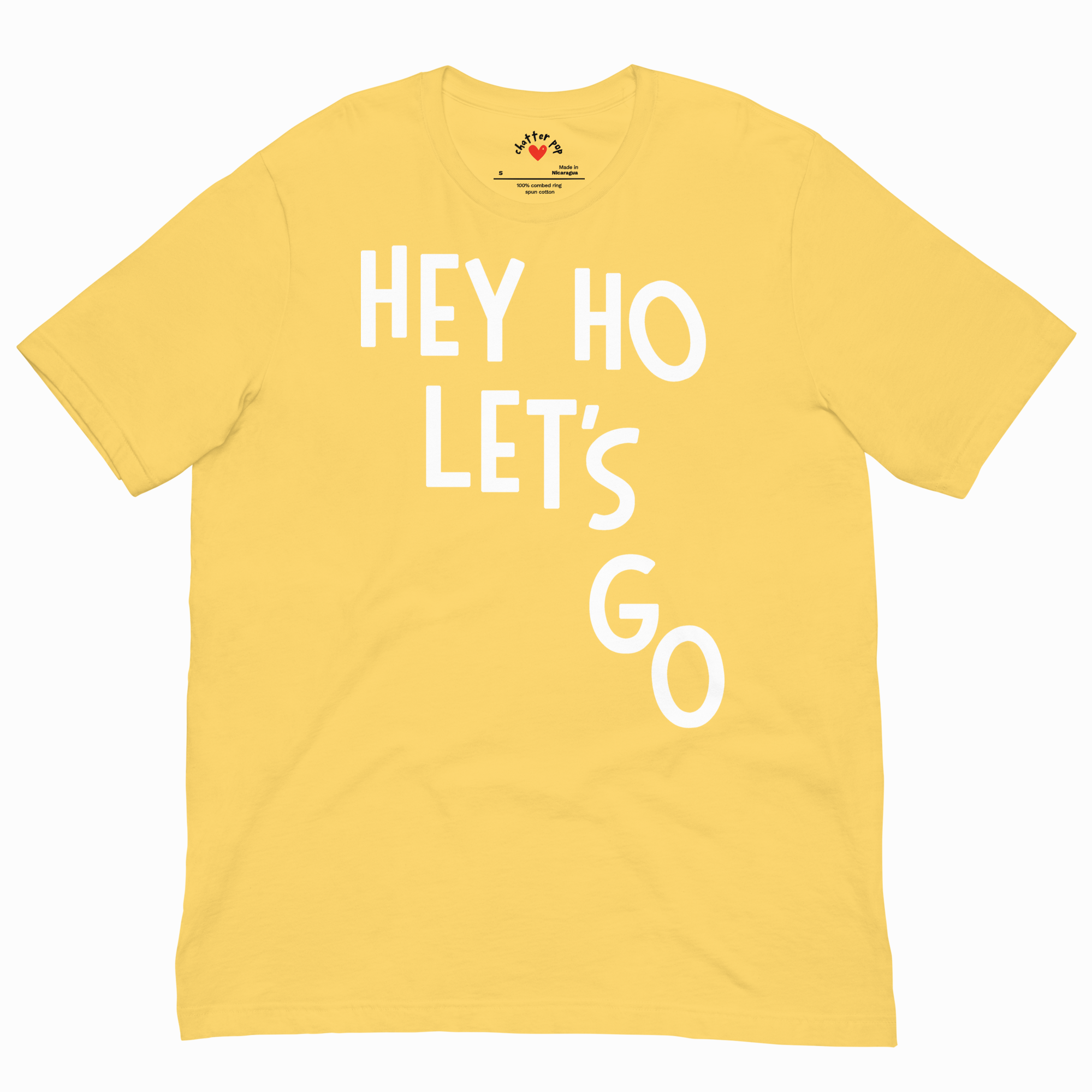 Yellow t-shirt with 'HEY HO LET'S GO' text on a white background