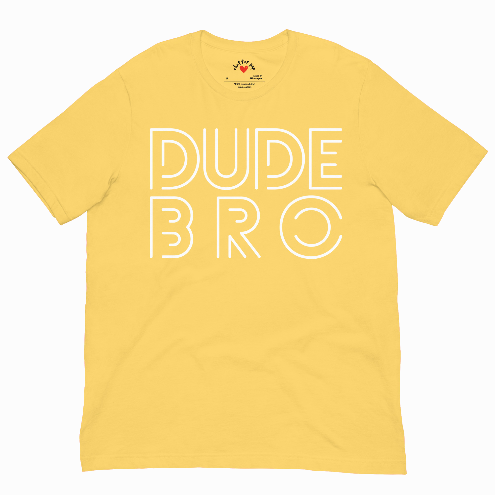 Yellow t-shirt with 'DUDE BRO' text on a white background