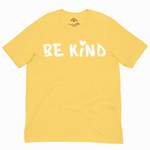 Yellow t-shirt with 'BE KIND' text on a white background