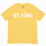 Yellow t-shirt with 'BE KIND' text on a white background