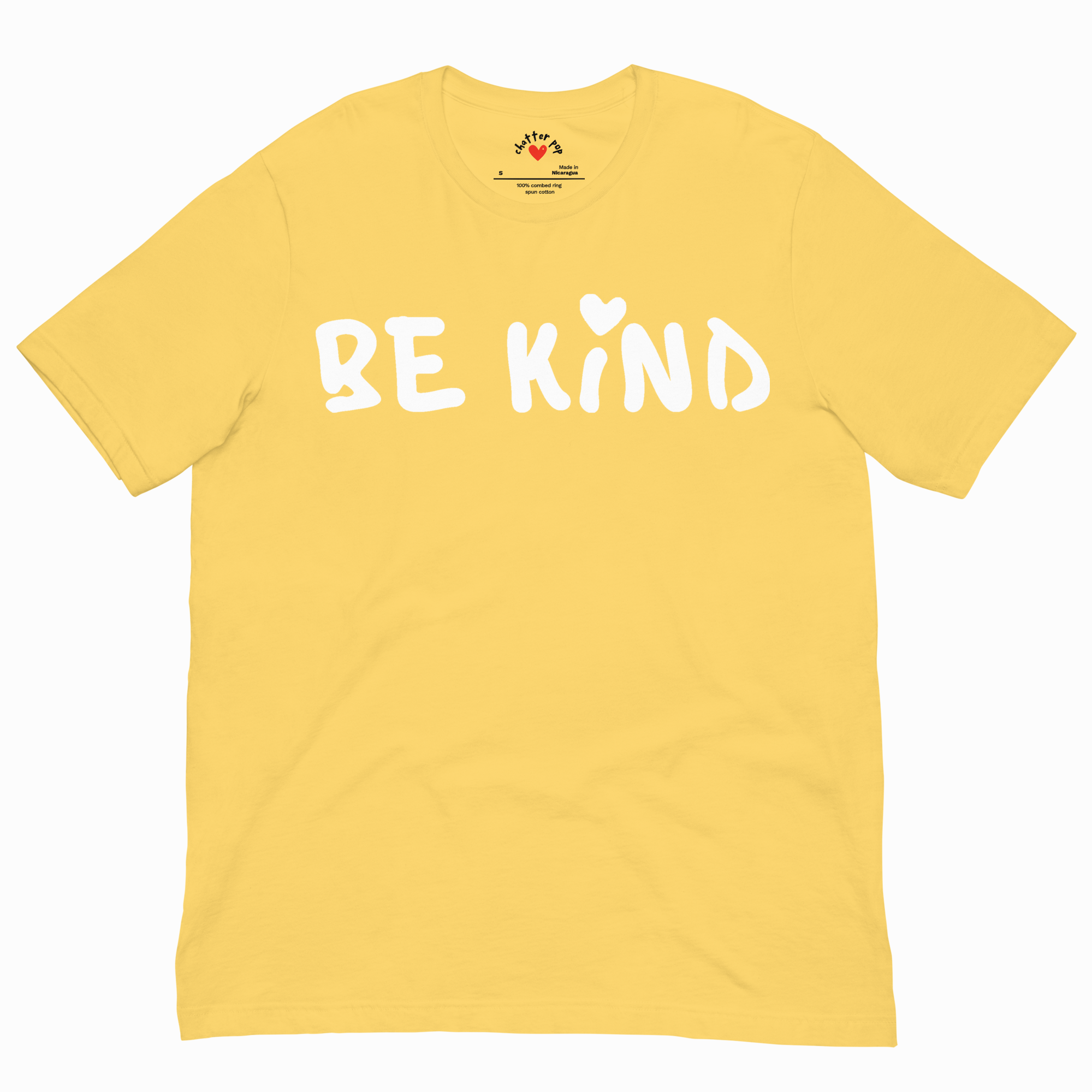 Yellow t-shirt with 'BE KIND' text on a white background
