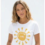 Woman wearing a white t-shirt with a yellow sun design and 'You Glow Girl' text on a light gray background