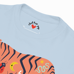 Light blue t-shirt with a colorful tiger design and 'Chatter Pop' branding.