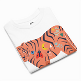 White t-shirt with a colorful tiger design on a white background
