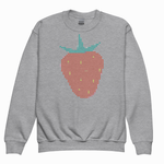 A heather gray crewneck sweatshirt featuring a pixelated strawberry graphic on the chest. The pixelated design uses red, orange, yellow, and green colors, set against a clean white background.