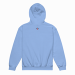 A light blue pullover hoodie shown from the back, featuring a small graphic with a red heart and the word 'PUPPY' printed in black on the upper back, set against a plain white background.