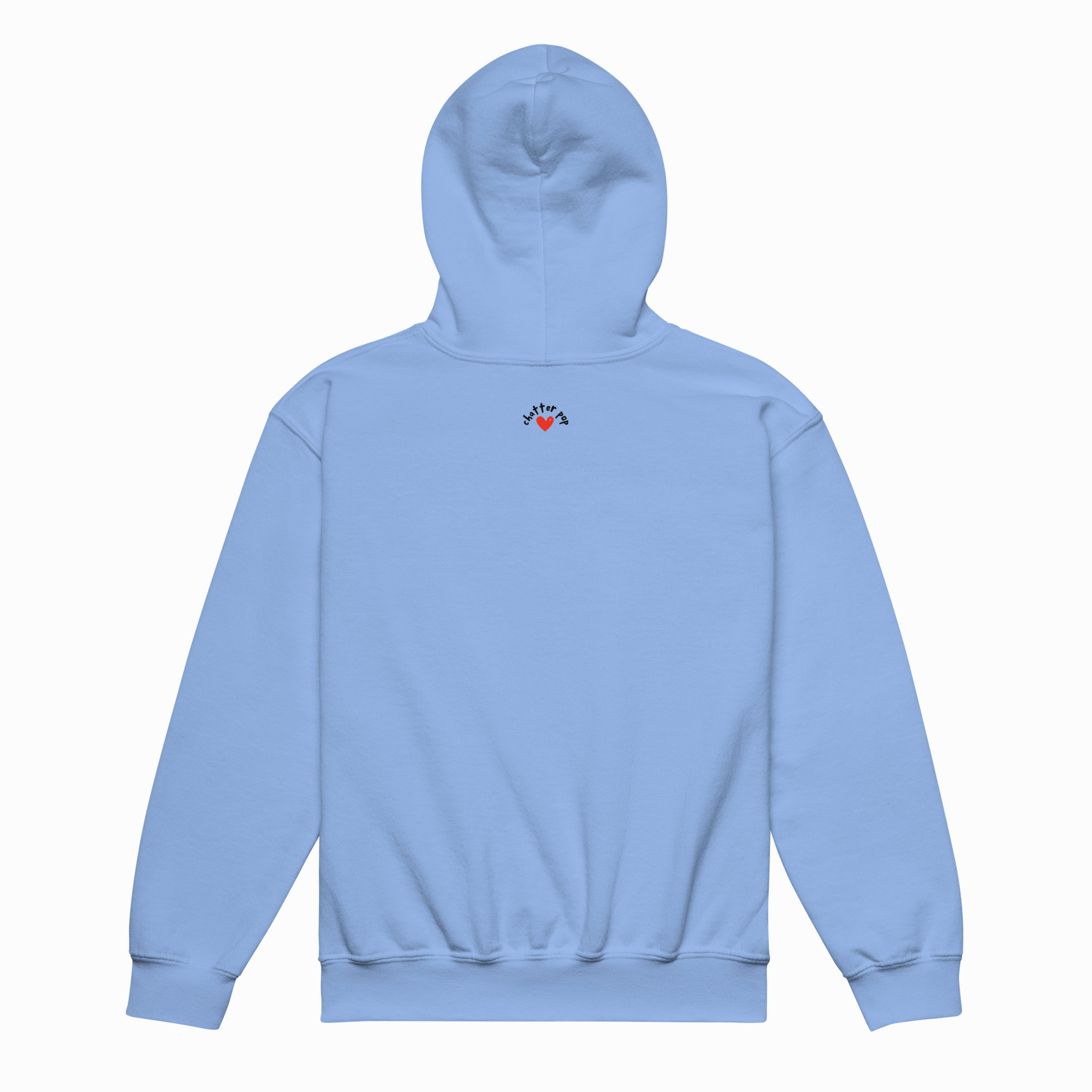 A light blue pullover hoodie shown from the back, featuring a small graphic with a red heart and the word 'PUPPY' printed in black on the upper back, set against a plain white background.