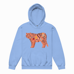 Light blue hoodie with a colorful tiger design on a white background