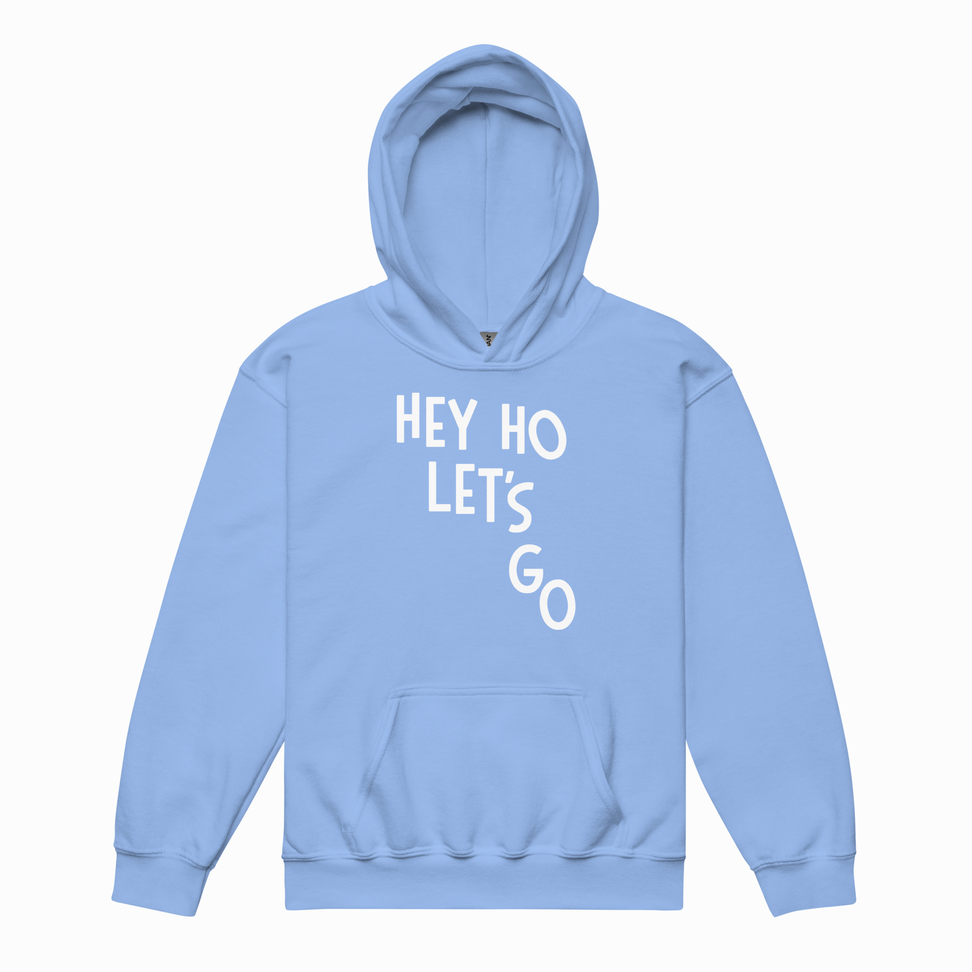 Light blue hoodie with 'HEY HO LET'S GO' text on a white background