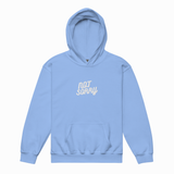 A light blue pullover hoodie with a white cursive graphic reading 'NOT SORRY' on the chest, displayed against a clean white background.