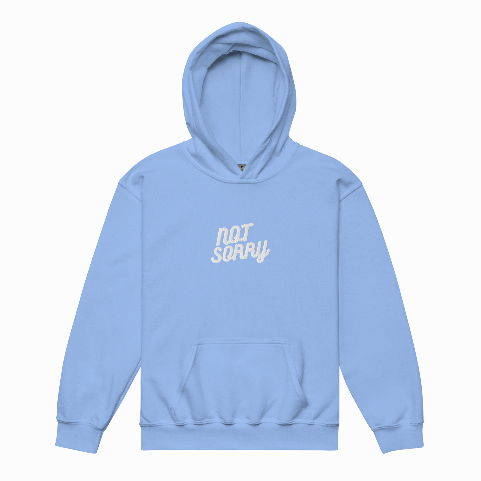 A light blue pullover hoodie with a white cursive graphic reading 'NOT SORRY' on the chest, displayed against a clean white background.