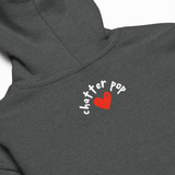 Gray hoodie with 'chatter pop' logo featuring a red heart on a white background