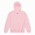 A light pink pullover hoodie shown from the back, featuring a small graphic with the word 'LOVE' and a red heart on the upper back, set against a plain white background.
