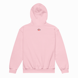A light pink pullover hoodie shown from the back, featuring a small graphic with the word 'LOVE' and a red heart on the upper back, set against a plain white background.
