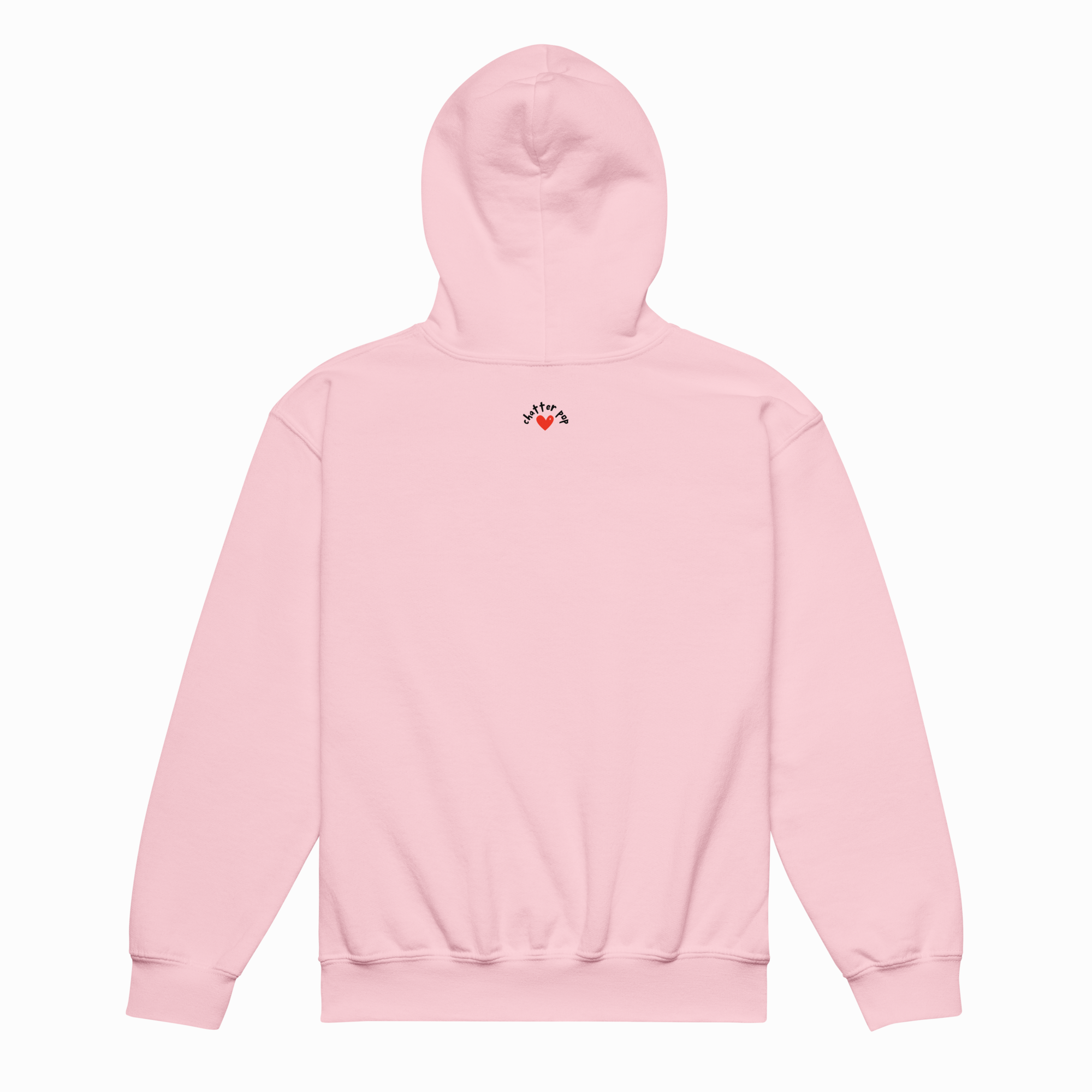 A light pink pullover hoodie shown from the back, featuring a small graphic with the word 'LOVE' and a red heart on the upper back, set against a plain white background.