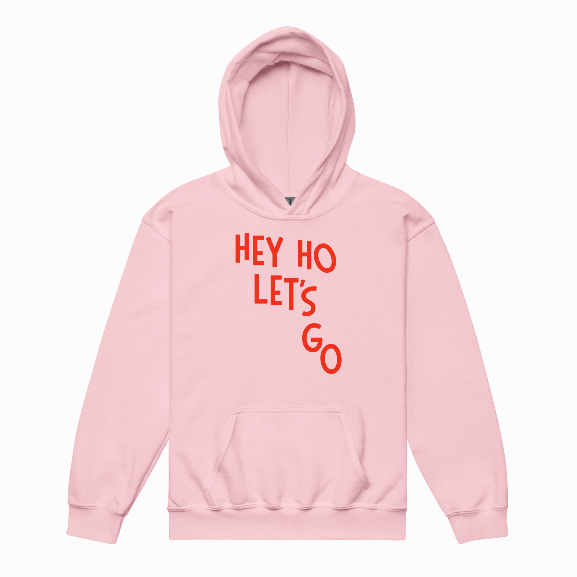 Pink hoodie with 'HEY HO LET'S GO' text in red on a white background