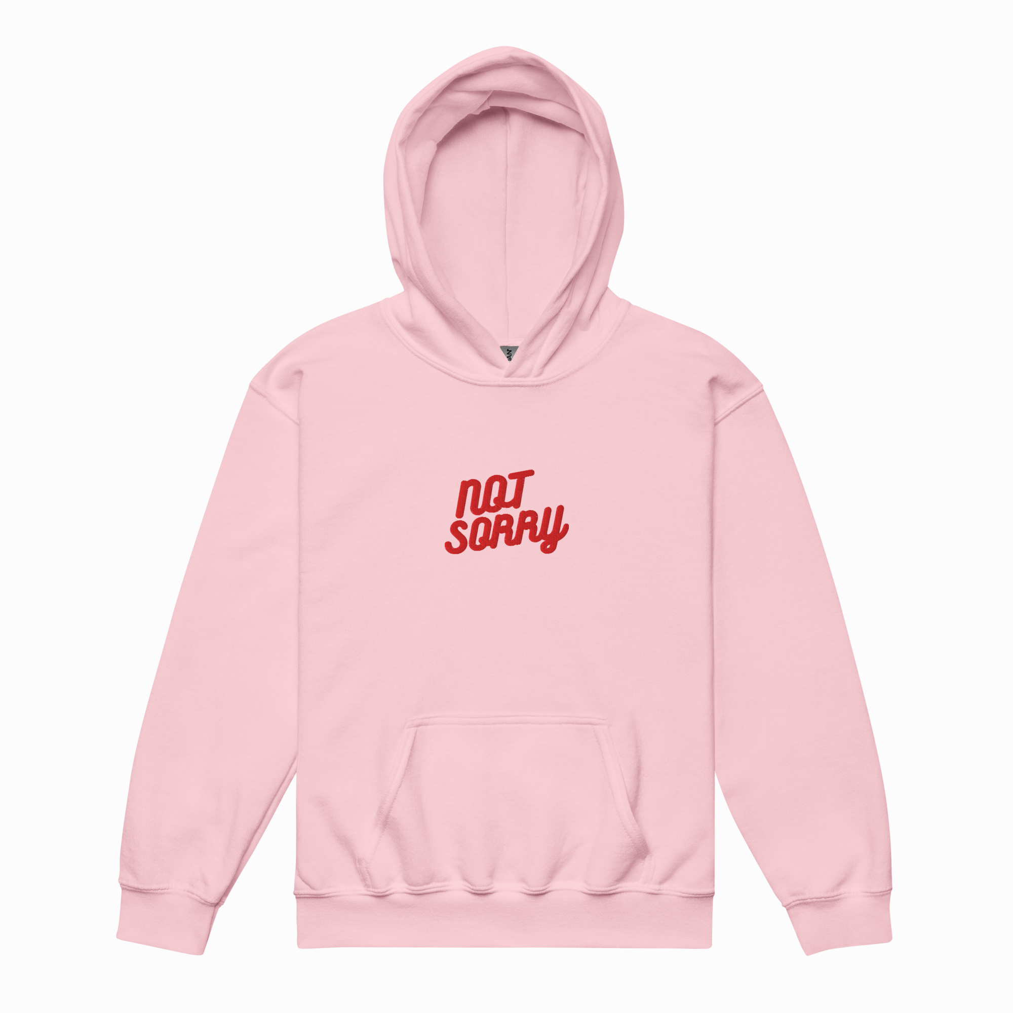 A light pink pullover hoodie with a red 'NOT SORRY' graphic printed on the chest, displayed against a clean white background.