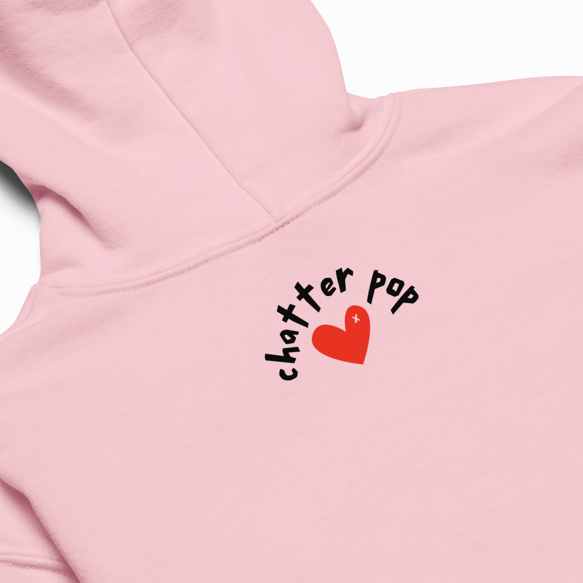 Pink hoodie with 'chatter pop' logo on a white background