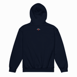 A dark navy blue pullover hoodie shown from the back, featuring a small embroidered logo on the upper back with a red heart and white text, set against a plain white background.