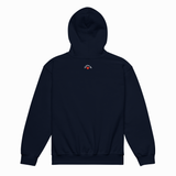 A dark navy blue pullover hoodie shown from the back, featuring a small embroidered logo on the upper back with a red heart and white text, set against a plain white background.