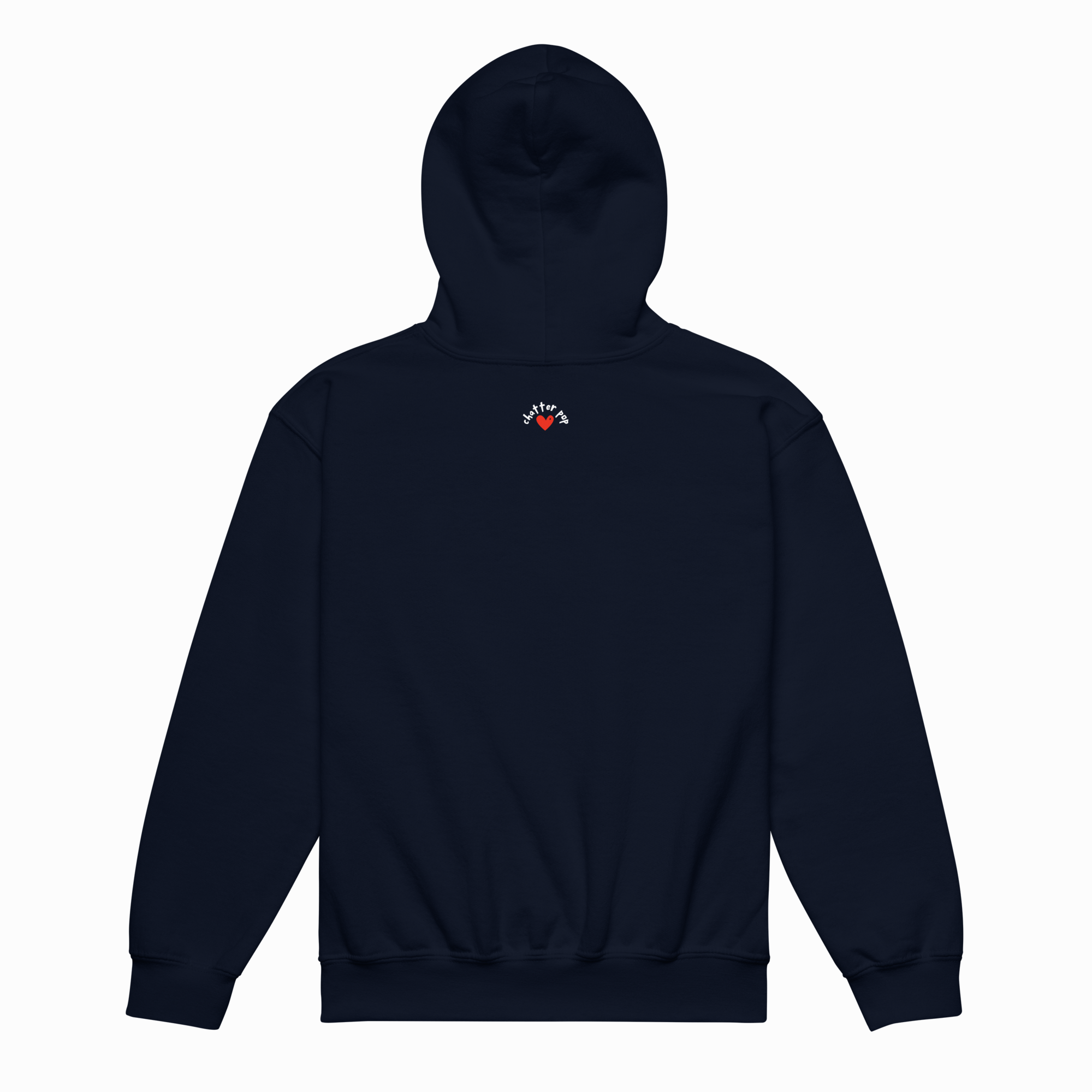 A dark navy blue pullover hoodie shown from the back, featuring a small embroidered logo on the upper back with a red heart and white text, set against a plain white background.