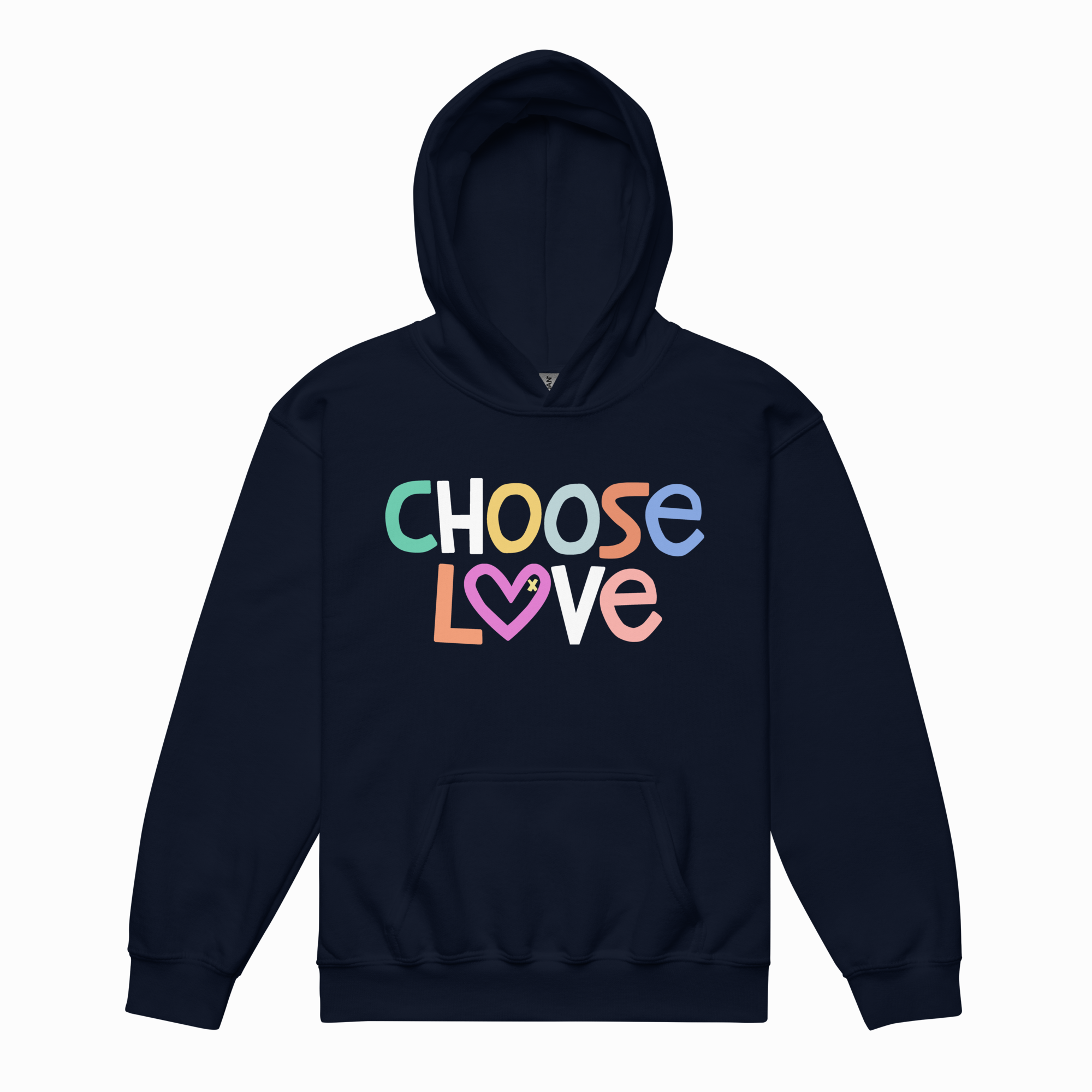 Navy hoodie with 'CHOOSE LOVE' text in colorful letters on a white background