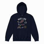 Navy blue hoodie with 'Hug Life' text and colorful graphics on a white background