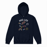 Navy blue hoodie with 'Hug Life' text and colorful graphics on a white background