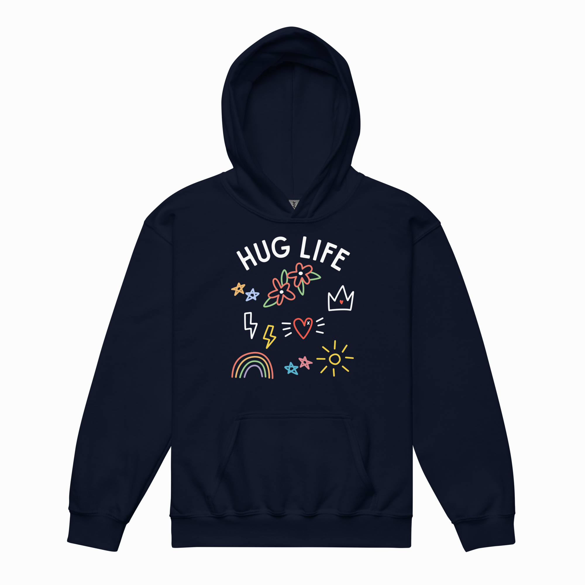 Navy blue hoodie with 'Hug Life' text and colorful graphics on a white background