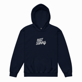Black hoodie with a green atom symbol on a white background