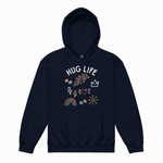 A navy blue pullover hoodie with a front graphic that reads 'HUG LIFE' in white, surrounded by colorful doodles including stars, a flower, a lightning bolt, a crown, a heart, a rainbow, and a sun, shown on a plain white background.