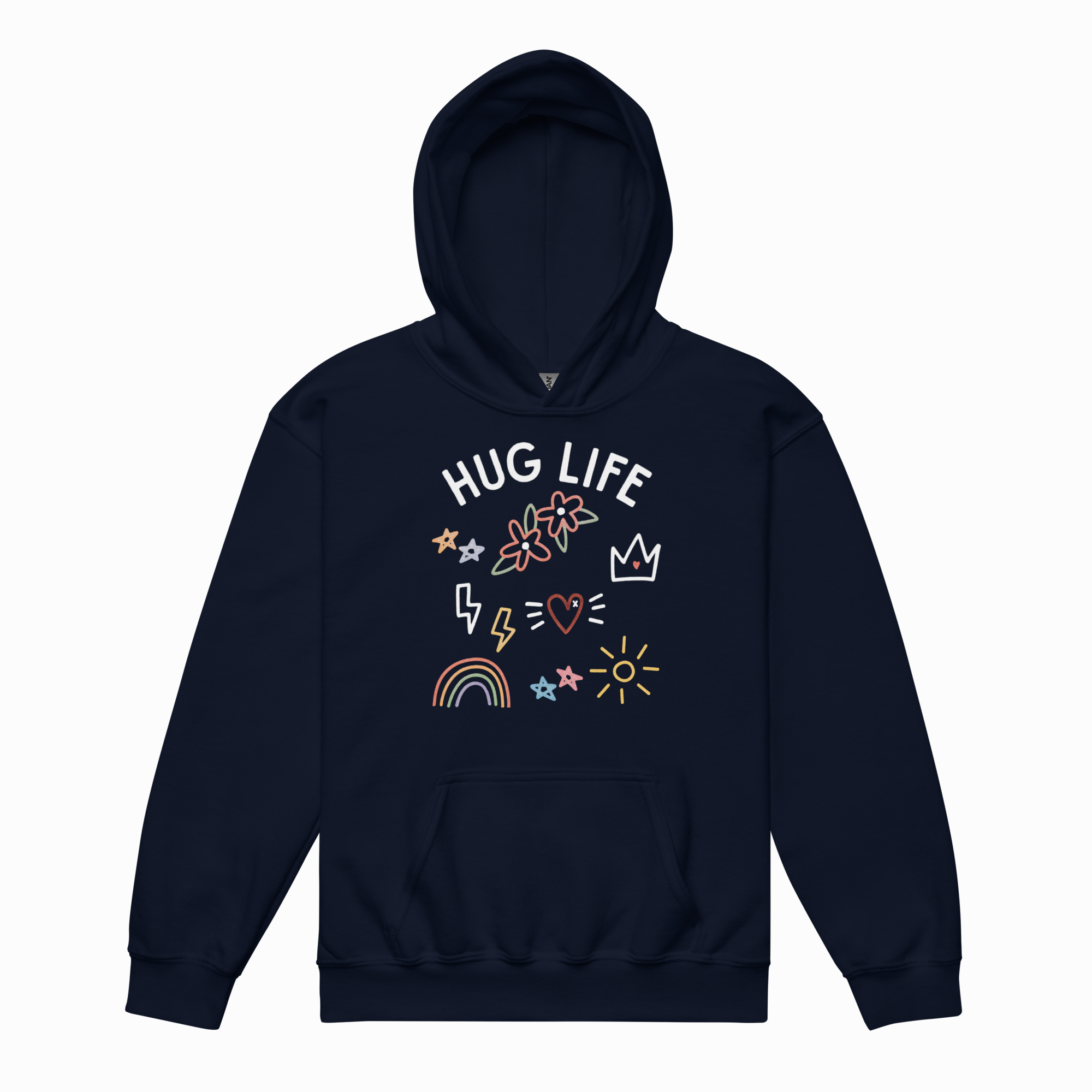A navy blue pullover hoodie with a front graphic that reads 'HUG LIFE' in white, surrounded by colorful doodles including stars, a flower, a lightning bolt, a crown, a heart, a rainbow, and a sun, shown on a plain white background.