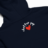 Navy blue hoodie with 'chatter pop' and a red heart logo on a white background
