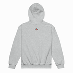 A light heather gray pullover hoodie shown from the back, featuring a small graphic on the upper back with the text 'I LOVE NY' in black and a red heart.