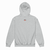 A light heather gray pullover hoodie shown from the back, featuring a small graphic on the upper back with the text 'I LOVE NY' in black and a red heart.