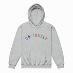 A light heather gray pullover hoodie with the word 'OBVIOUSLY' printed across the chest in colorful, arched letters, shown on a plain white background.