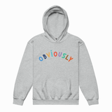 A light heather gray pullover hoodie with the word 'OBVIOUSLY' printed across the chest in colorful, arched letters, shown on a plain white background.