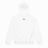 A white pullover hoodie shown from the back, featuring a small graphic on the upper back with the text 'I LOVE U' in black and a red heart.