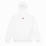 A white pullover hoodie shown from the back, featuring a small graphic on the upper back with the text 'chatter pop' in black and a red heart.