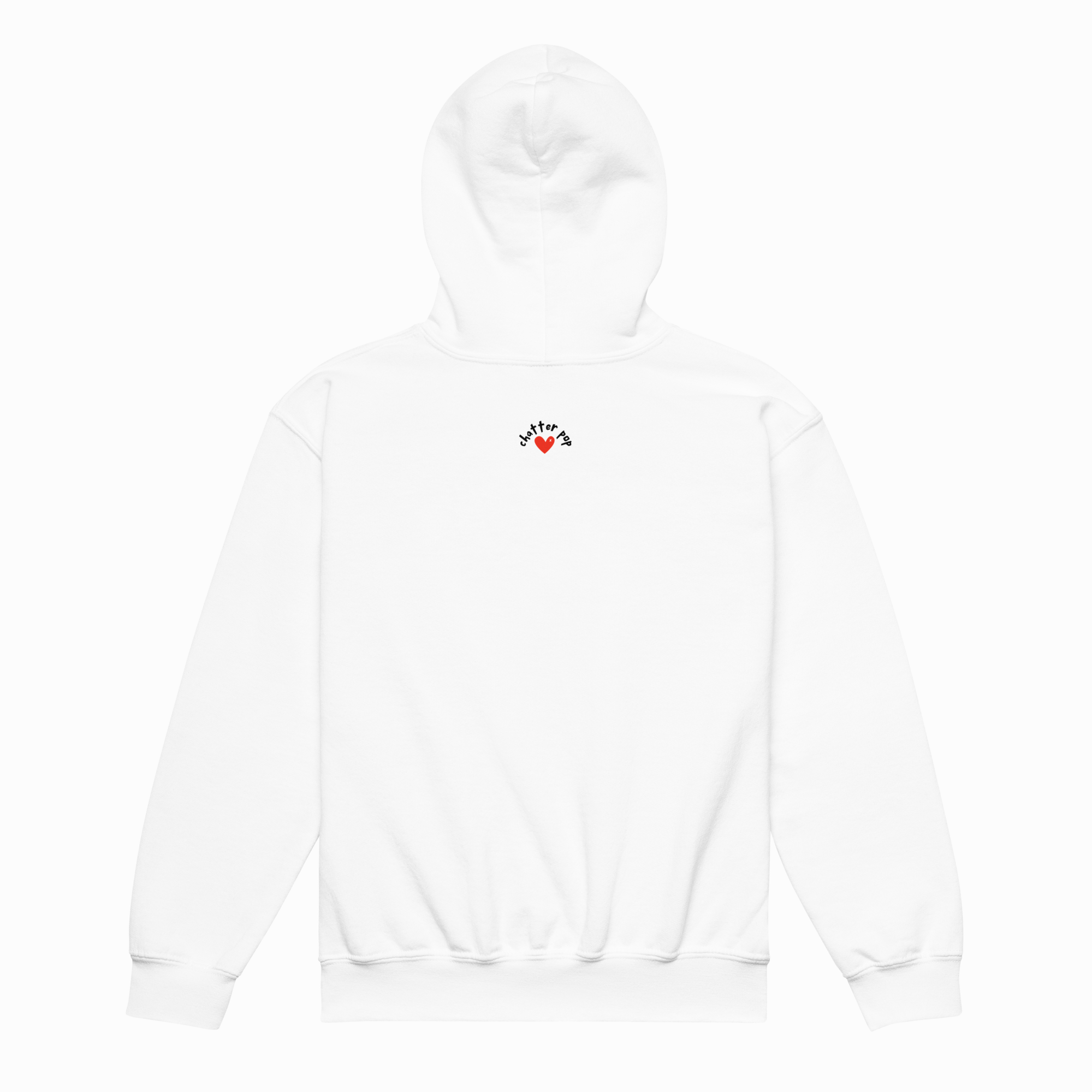 A white pullover hoodie shown from the back, featuring a small graphic on the upper back with the text 'chatter pop' in black and a red heart.