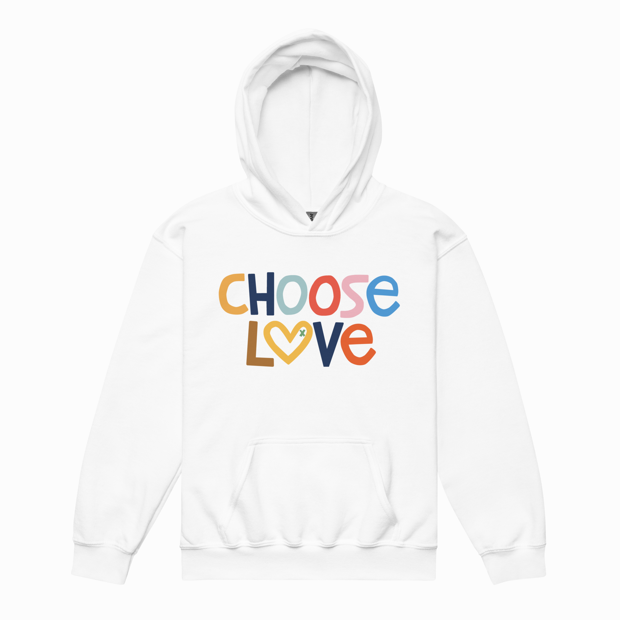 White hoodie with 'CHOOSE LOVE' text in colorful letters on a white background
