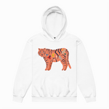 White hoodie with a colorful tiger design on a white background