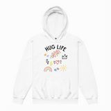 White hoodie with 'Hug Life' text and colorful graphics on a white background