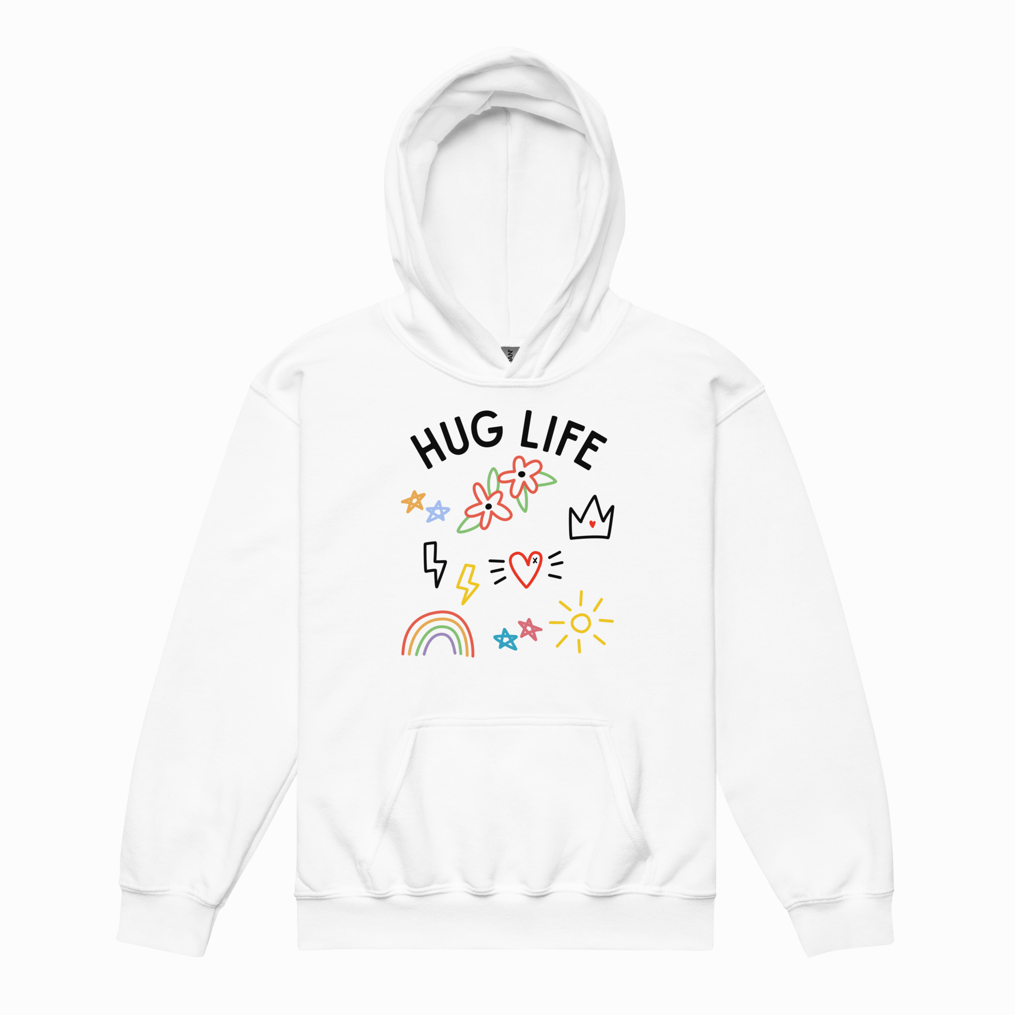 White hoodie with 'Hug Life' text and colorful graphics on a white background