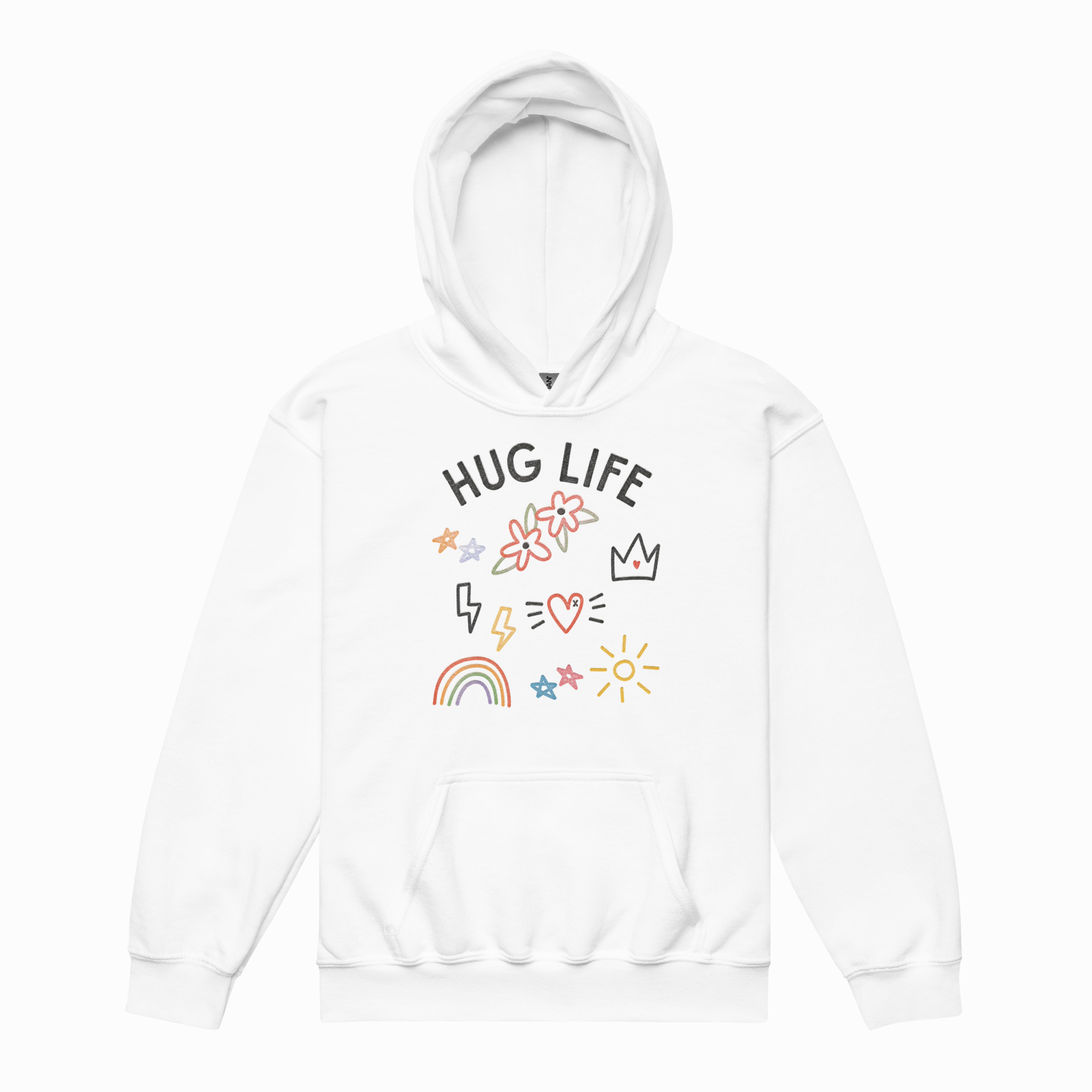 A white pullover hoodie with a front graphic that reads 'HUG LIFE' in black letters, surrounded by small colorful doodles including flowers, a crown, lightning bolts, a rainbow, stars, and a sun, shown on a plain white background.