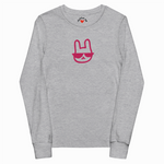 Gray long-sleeve shirt with a pink graphic on a white background