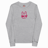 Gray long-sleeve shirt with a pink graphic on a white background