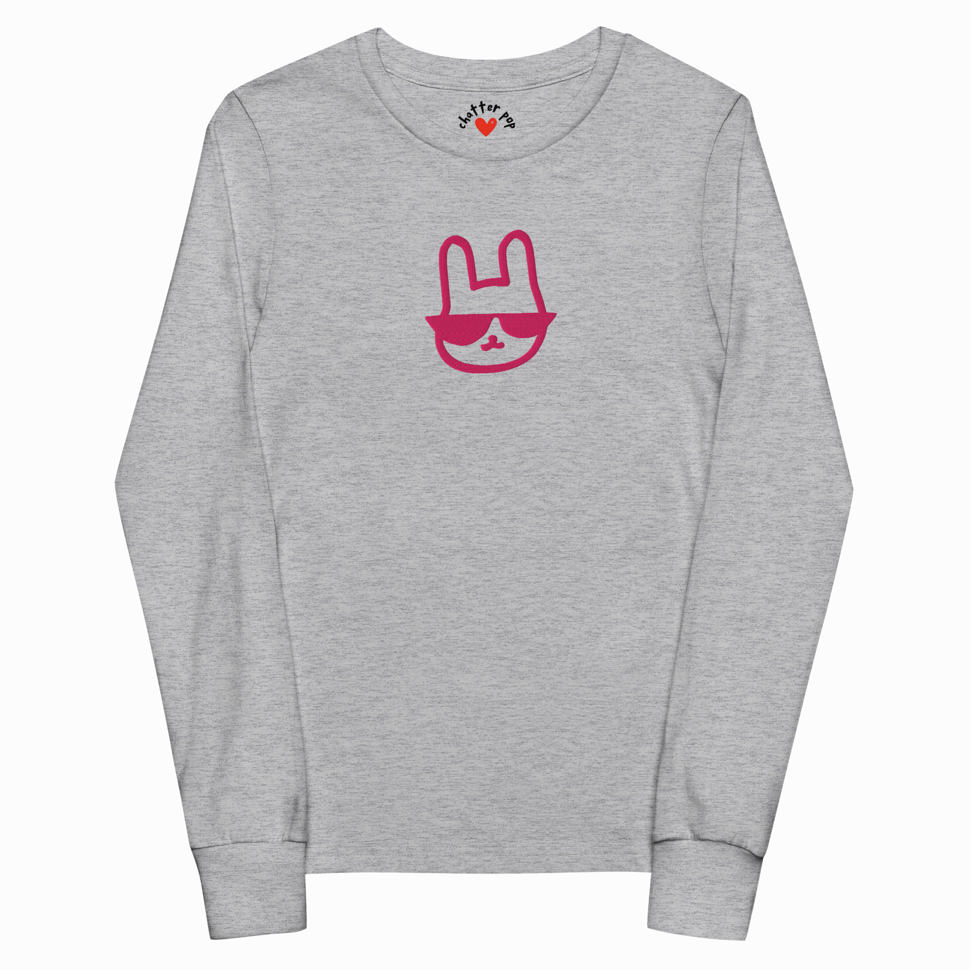 Gray long-sleeve shirt with a pink graphic on a white background